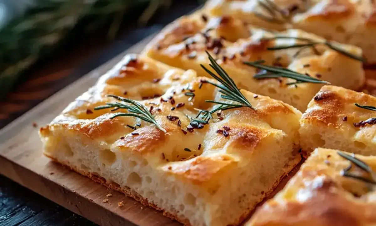 En gyllene focaccia långpanna med rosmarin och kryddor, skuren i bitar på en träbricka.