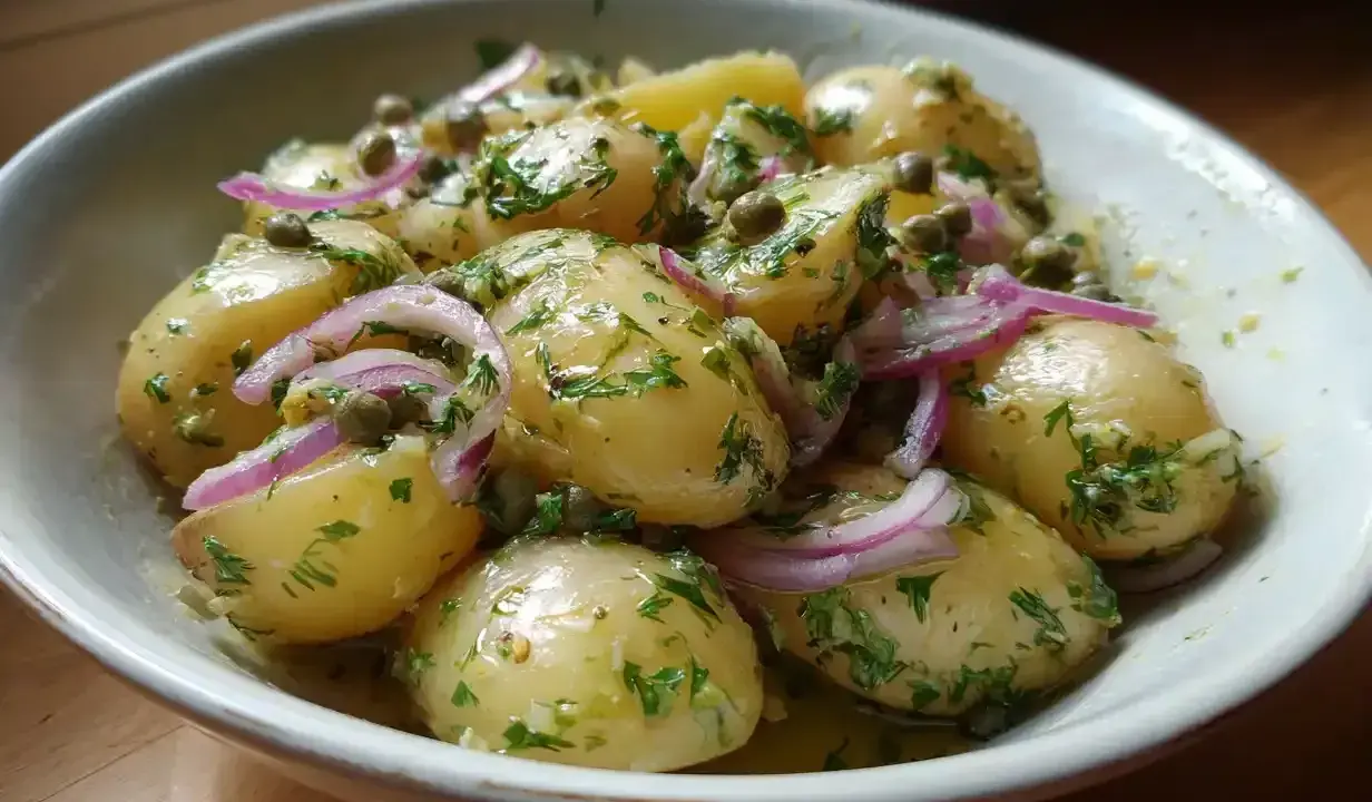 En härlig potatissallad med kapris, rödlök och färska örter i en skål.