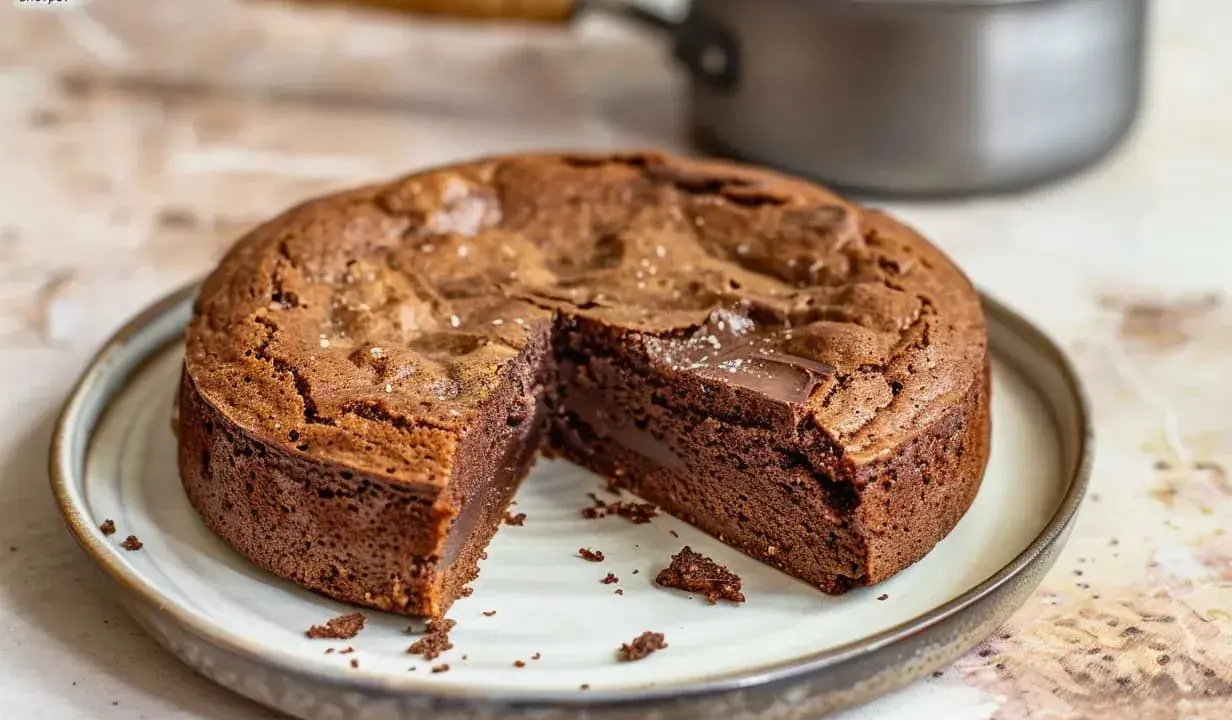 En saftig kladdkaka i kastrull, med en bit borttagen för att visa den härliga chokladkärnan. Perfekt för en fika!