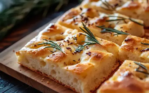 En gyllene focaccia långpanna med rosmarin och kryddor, skuren i bitar på en träbricka.