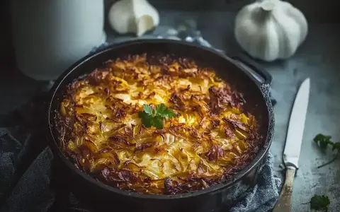 En gyllene kålpudding i gjutjärnspanna, redo att serveras. Perfekt för ett mysigt kålpudding recept.