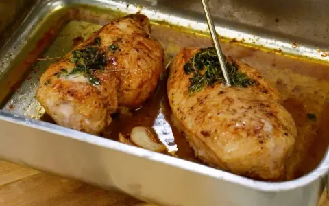 Två saftiga kycklingfiléer i ugnsform, redo för ett strimlad kyckling recept. En termometer mäter temperaturen.