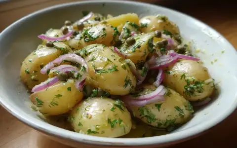 En skål med nykokt potatis, blandad med rödlök, kapris och färska örter. Perfekt tillbehör för att koka potatis till.