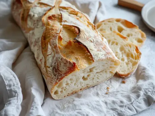Nybakad ciabatta med krispig skorpa och luftig insida. Perfekt för ditt ciabatta recept!