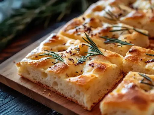 En gyllene focaccia långpanna med rosmarin och kryddor, skuren i bitar på en träbricka.