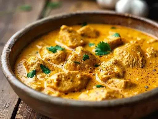 En skål med krämig chicken a la king, garnerad med färsk koriander. En härlig och smakrik rätt.