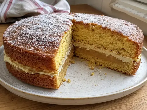 En saftig toscakaka i långpanna, pudrad med florsocker och fylld med krämig vanilj och äppelkompott. Perfekt för fikat!
