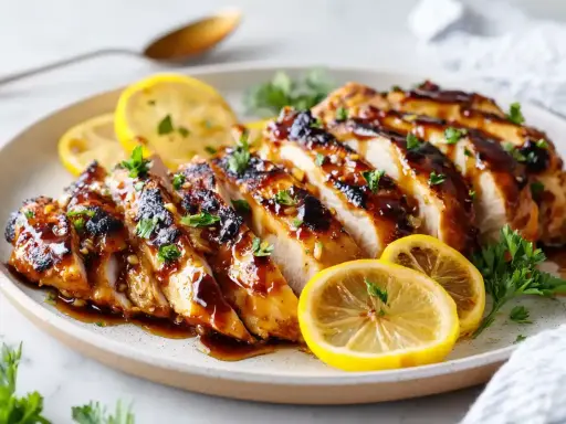 Skivad dubbelmarinerad kyckling med glansig sås, garnerad med citronklyftor och persilja.