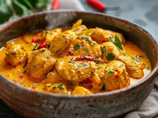 En krämig kyckling curry gryta med bitar av kyckling, chili och persilja i en rustik skål.