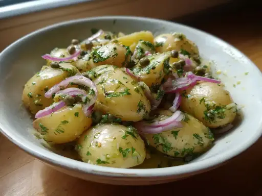 En skål med nykokt potatis, blandad med rödlök, kapris och färska örter. Perfekt tillbehör för att koka potatis till.