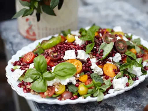 En färgsprakande sallad med granatäpple, tomat, fetaost och basilika. Ett perfekt kålmaja recept för sommaren.
