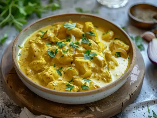 En skål med krämig kyckling currysås, toppad med färsk persilja. En härlig rätt som doftar av kryddor och värme.
