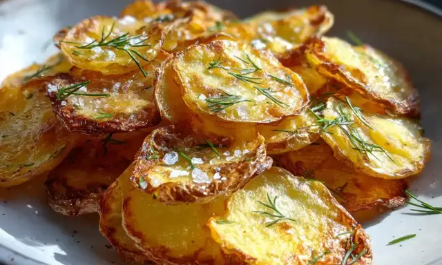 Krispiga, gyllene skivor av grillad potatis toppas med flingsalt och färsk dill. En perfekt sidorätt som passar till det mesta.