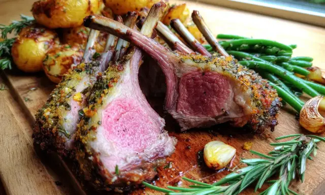 Saftig lammracks med örtpanering, serverad med rostade potatisar, gröna bönor och vitlök. Ett perfekt lammracks recept för helgen!