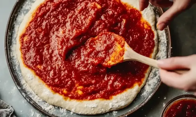 Händer sprider tomatsås på en pizzabotten med en träsked. Snart är det dags för en härlig tomatsås pizza!