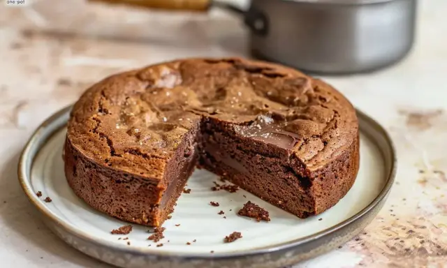 En saftig kladdkaka i kastrull, med en bit borttagen för att visa den härliga chokladkärnan. Perfekt för en fika!