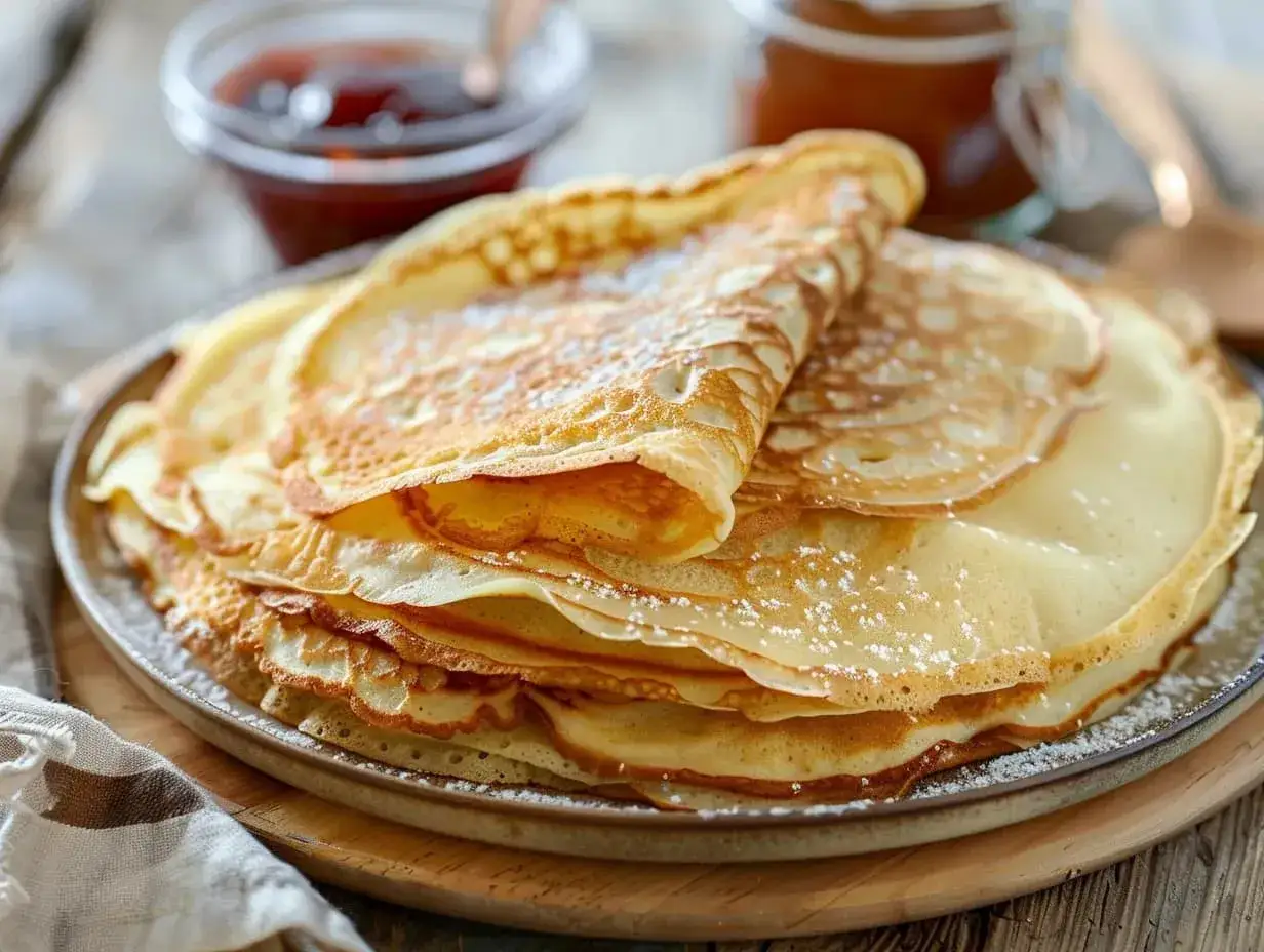 En hög med tunna, gyllene crêpes, pudrade med florsocker. Perfekt för ett enkelt crêpes recept. Sylt och honung syns i bakgrunden.