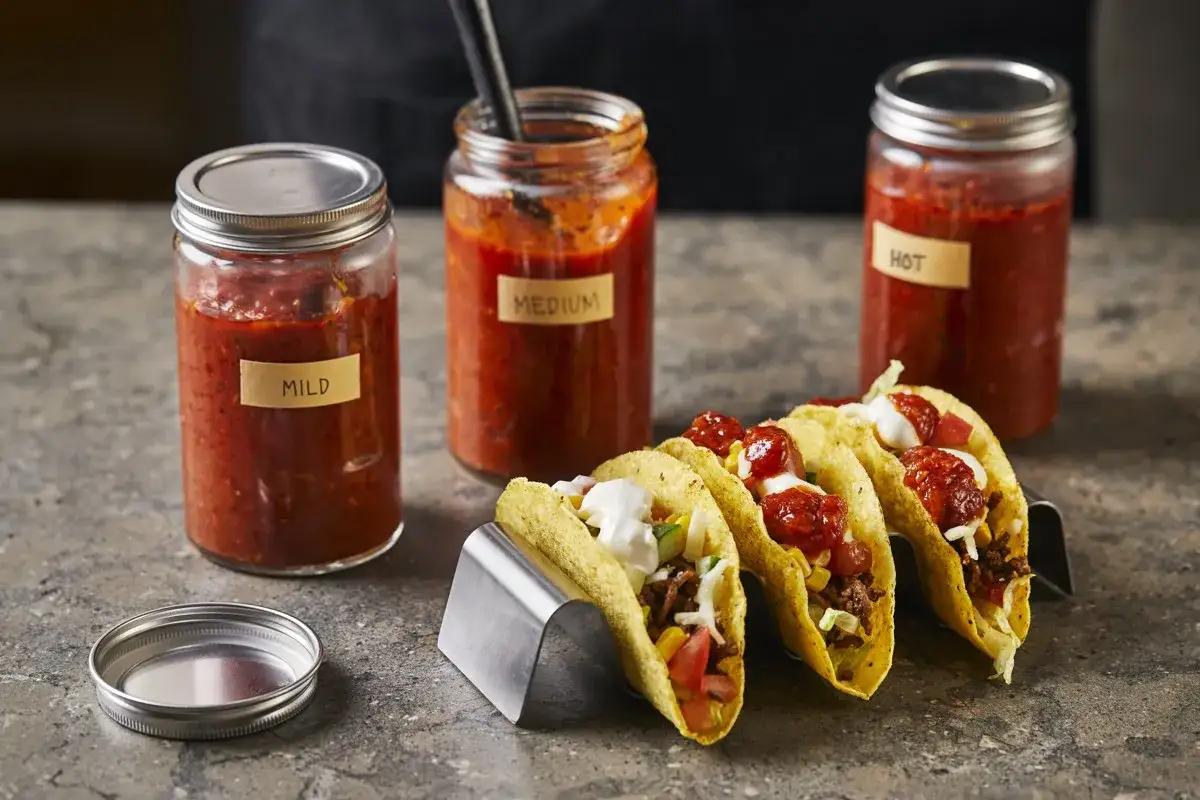 Tre burkar med tacokrydda recept: mild, medium och het. Tre tacos i en hållare.