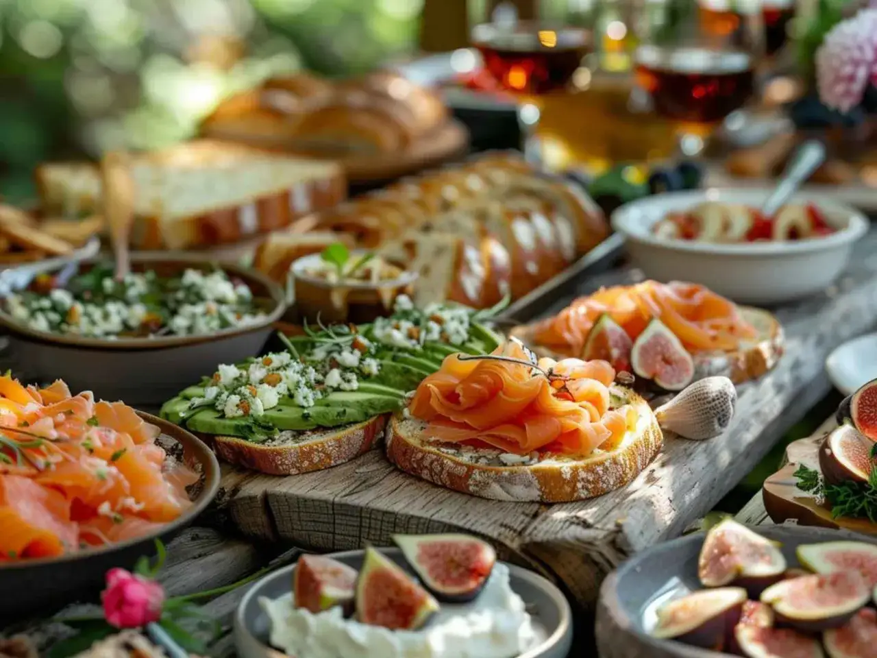 En härlig brunch med rökt lax, avokado, färskost och fikon på rustikt bröd. Perfekt för ett somrigt brunch recept.