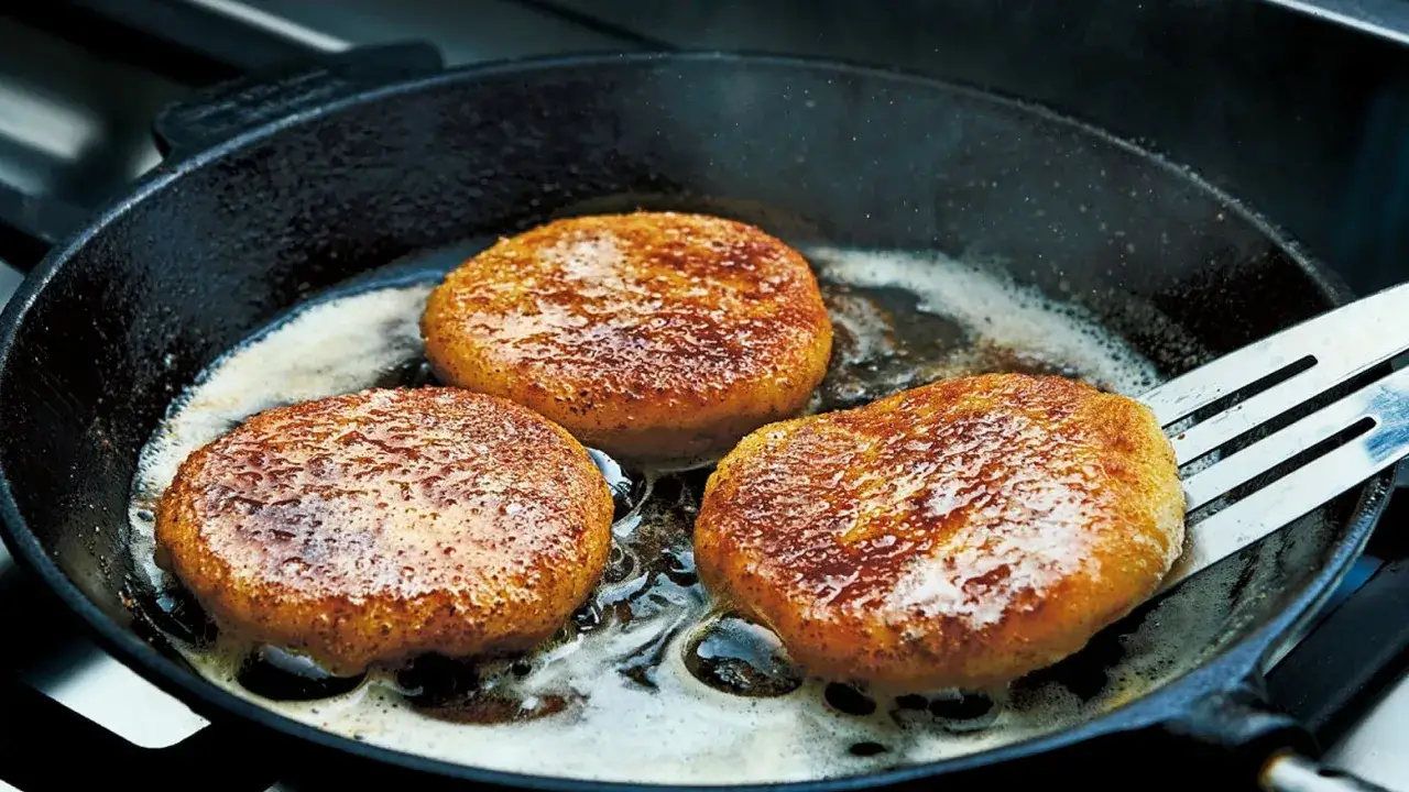 Tre gyllene potatisbullar steks i sm&ouml;r i en gjutj&auml;rnspanna. Perfekt f&ouml;r ett klassiskt potatisbullar recept.