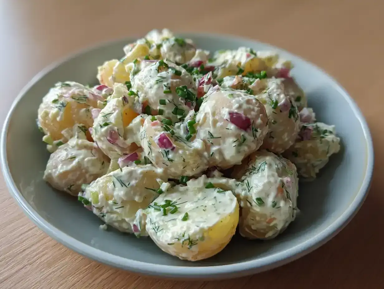 Kr&auml;mig potatissallad med dill och r&ouml;dl&ouml;k, perfekt som tillbeh&ouml;r till lax.