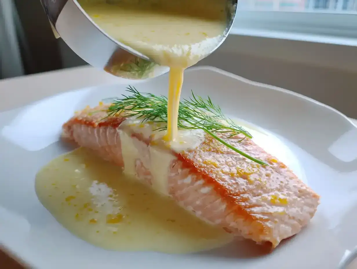 En saftig laxfil&eacute; serveras med en kr&auml;mig citrons&aring;s till fisk och f&auml;rsk dill.