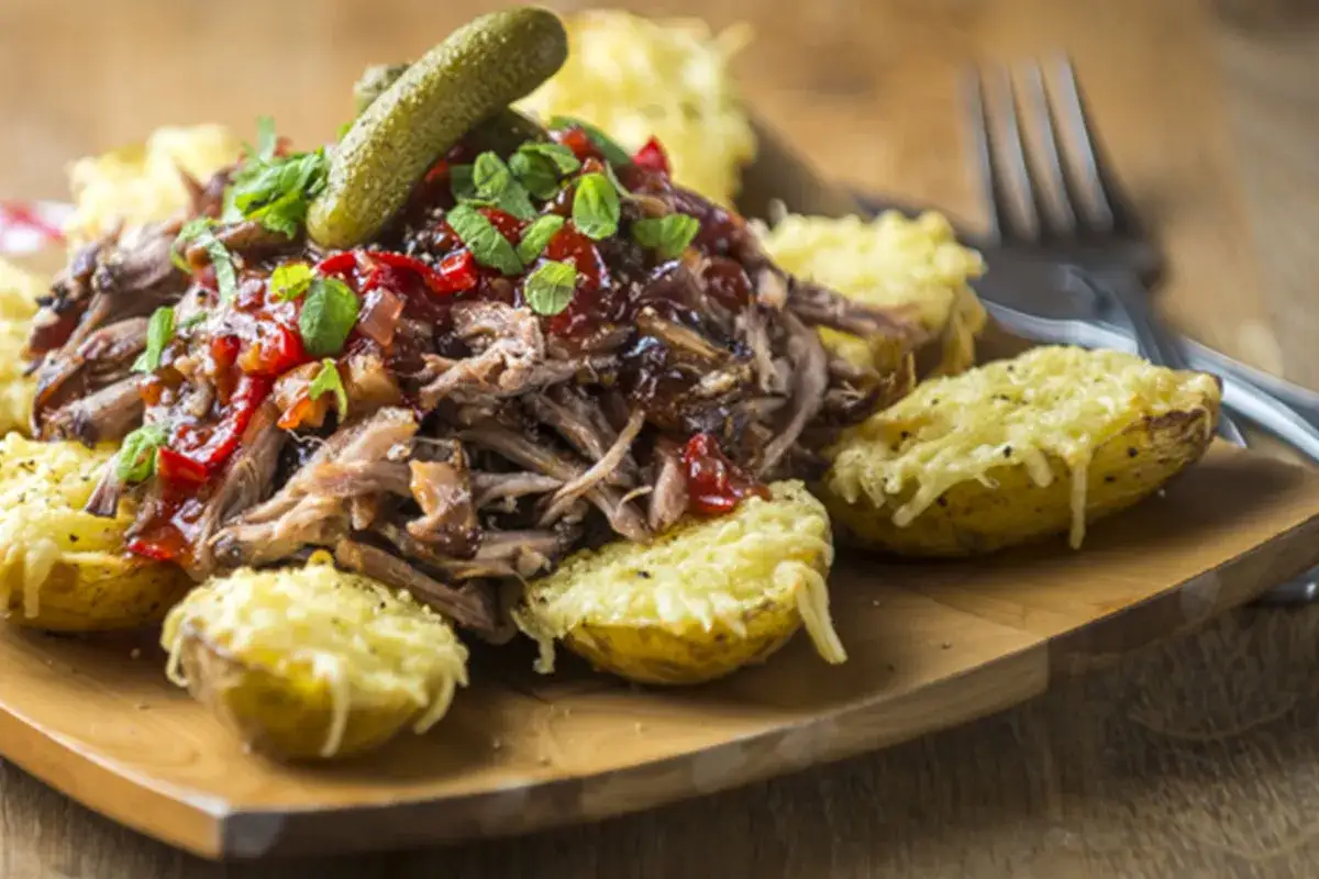 En generös portion pulled pork med klyftpotatis, toppad med picklad gurka och färska örter. En härlig måltid!