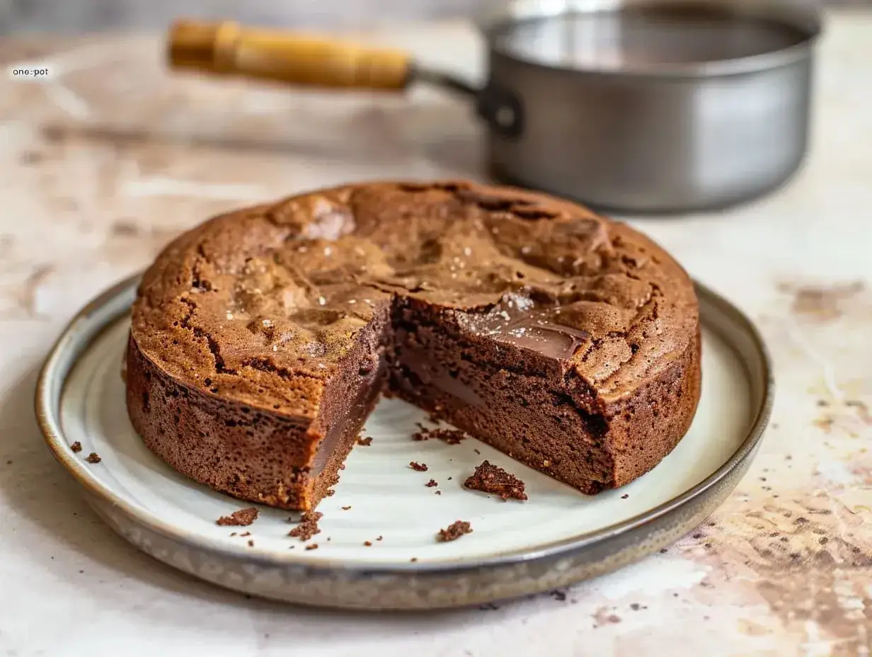 En saftig kladdkaka i kastrull, med en bit borttagen f&ouml;r att visa den h&auml;rliga chokladk&auml;rnan. Perfekt f&ouml;r en mysig fikastund.