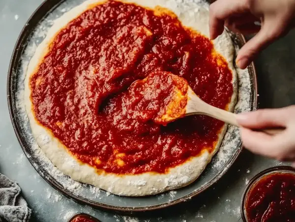 Händer sprider tomatsås på en pizzabotten med en träsked. Snart är det dags för en härlig tomatsås pizza!