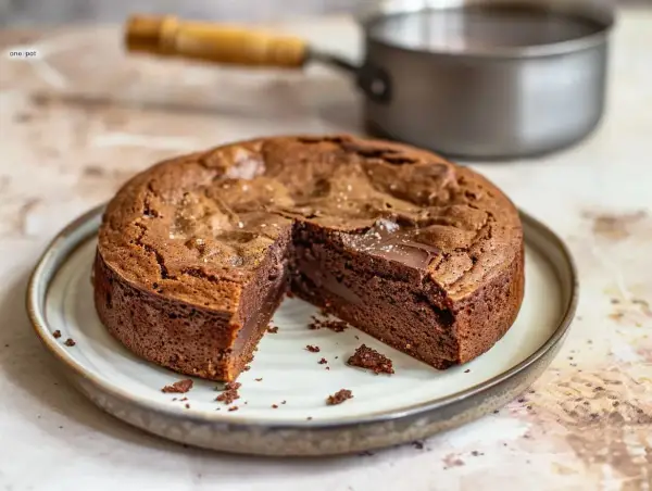 En saftig kladdkaka i kastrull, med en bit borttagen för att visa den härliga chokladkärnan. Perfekt för en fika!