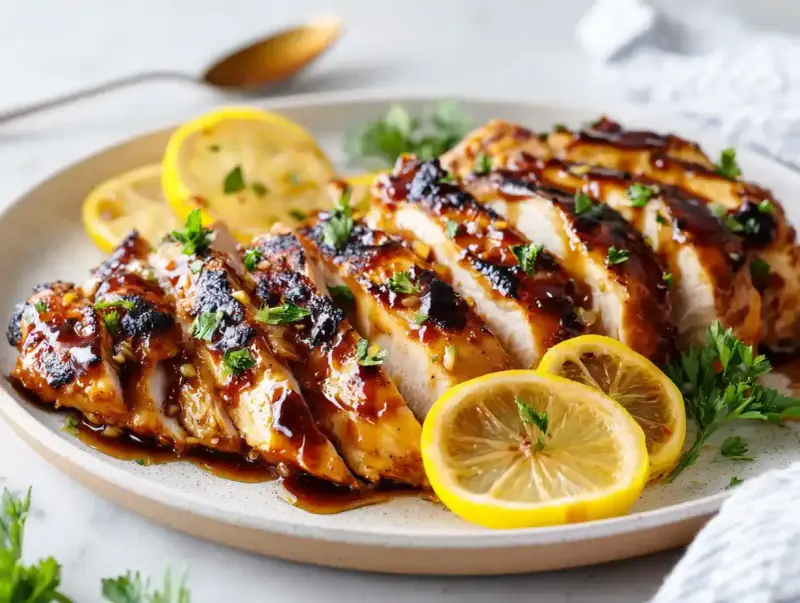Skivad kycklingfilé med glansig marinad, garnerad med citronskivor och persilja. Perfekt för en god marinad till kycklingfile.